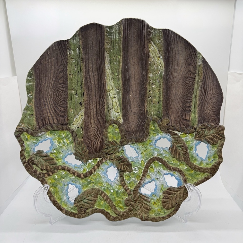 Studio Art Pottery Decorative Bowl Woodland Forest Reticulated Signed Jane 12”